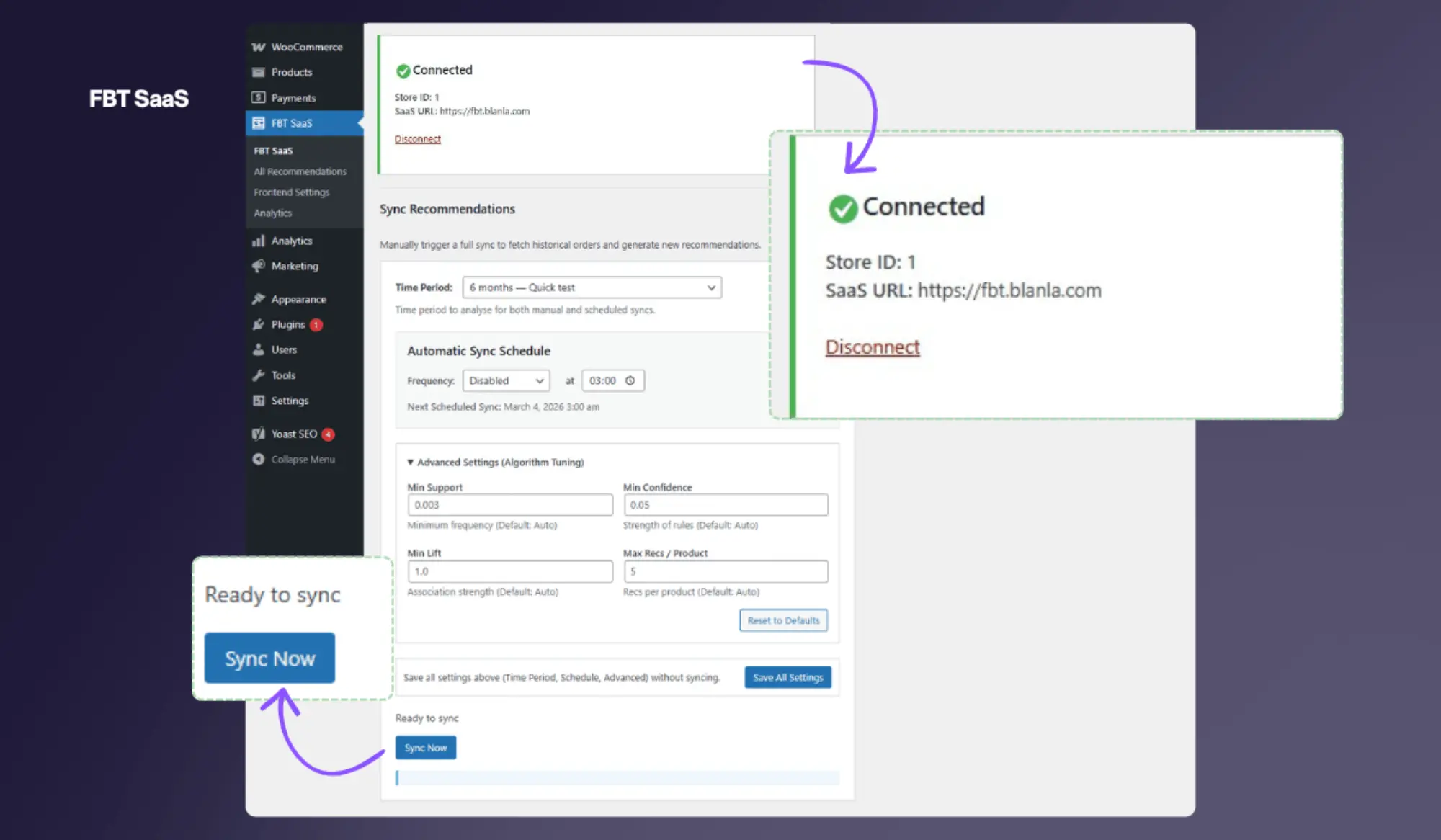 FBT SaaS main admin page showing connection status, sync controls and schedule