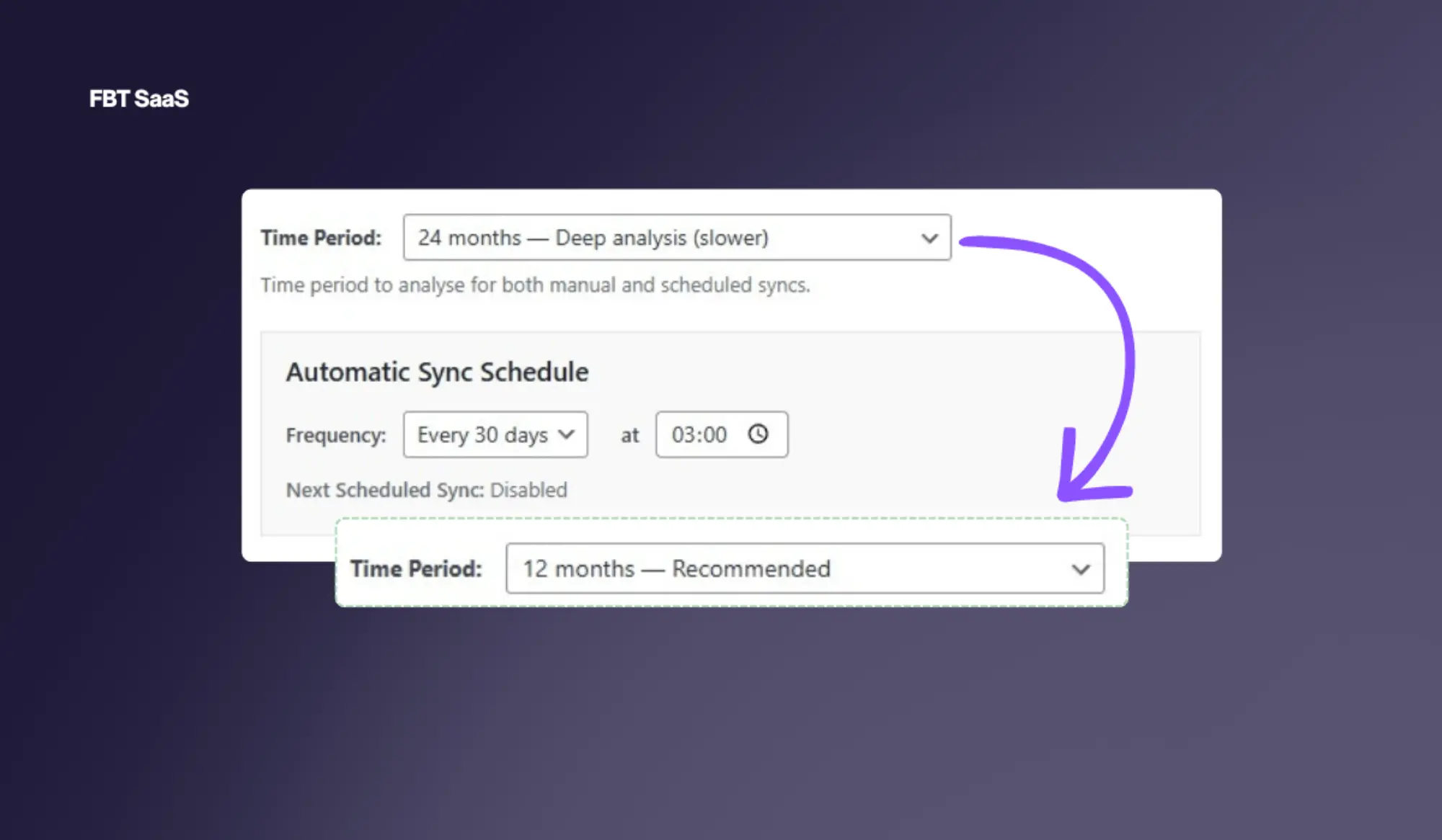 Sync Schedule settings panel showing frequency dropdown and time of day selector