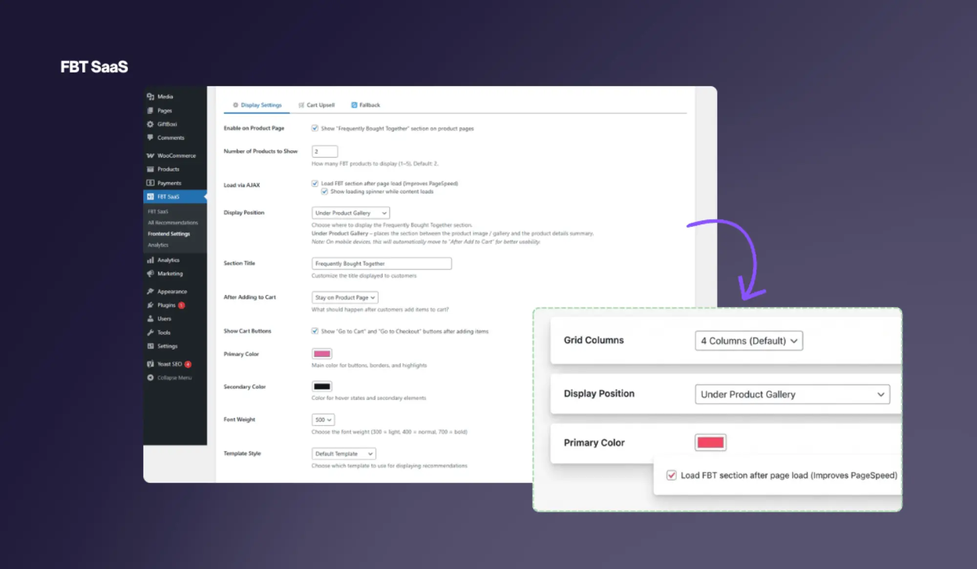 Frontend Settings page showing colour pickers, font settings, layout selector and AJAX toggle