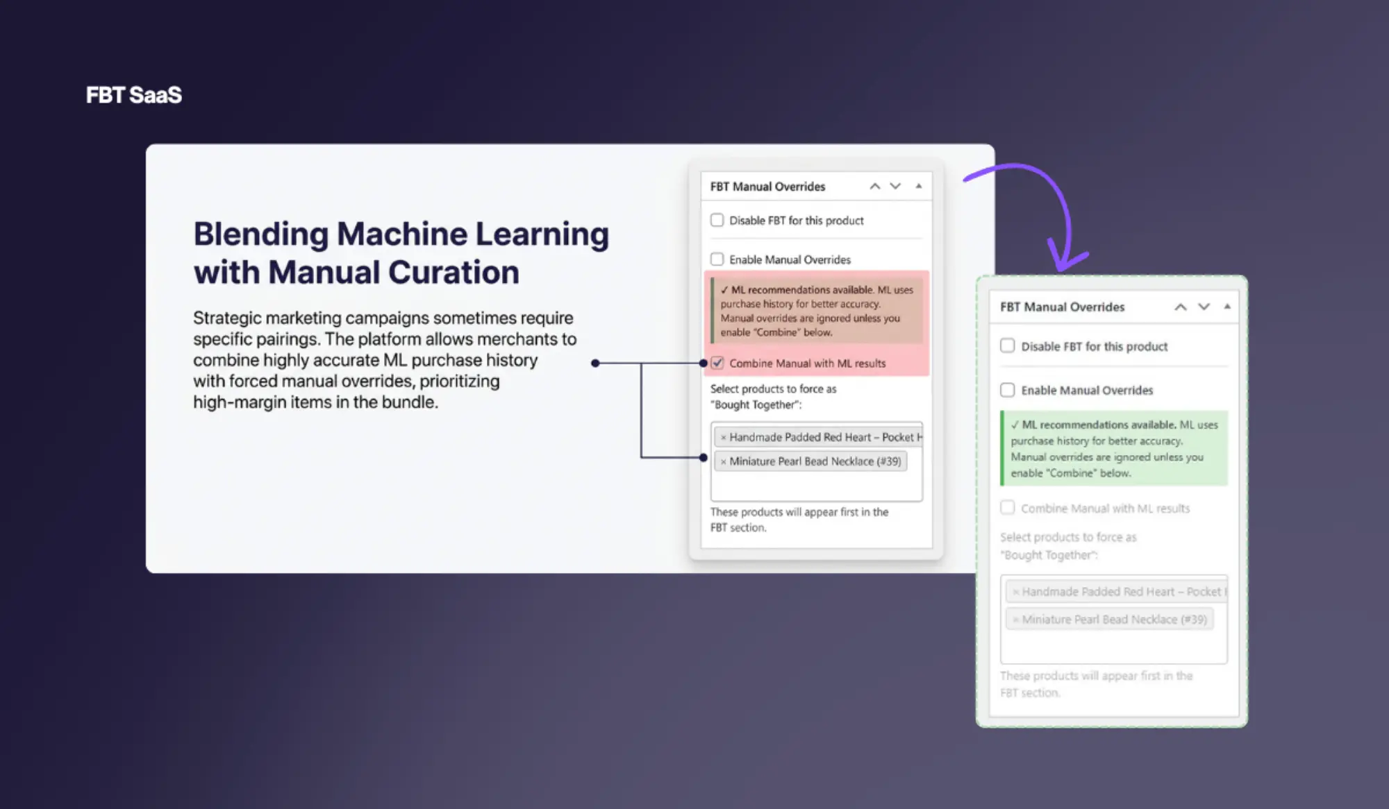 Manual Overrides admin table showing product search fields, add button and existing overrides list